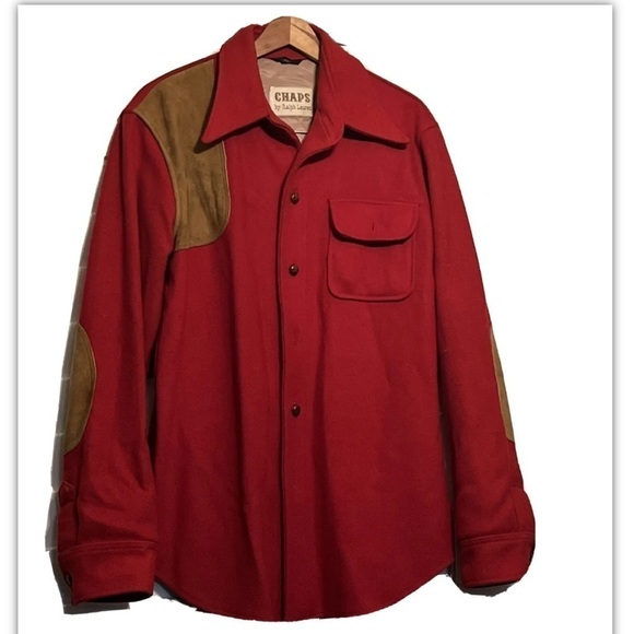 Vtg Chaps Ralph Lauren Men Red Sz 44L Wool Blend Suede Elbow Patch Button Shirt - Picture 2 of 8